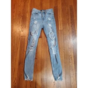 Hollister Hi Rise Super Skinny Distress Shred Lt Wash Jeans Sz 1 25x30 Fray Hem